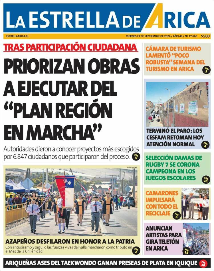 Portada de La Estrella de Arica (Chile)