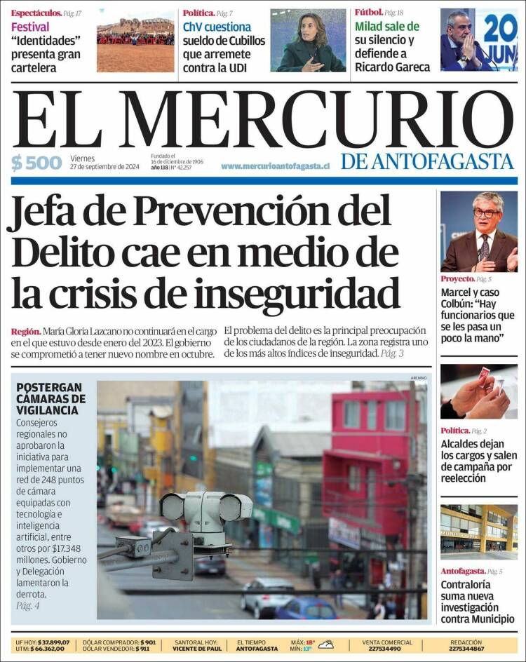 Portada de El Mercurio de Antofagasta (Chile)