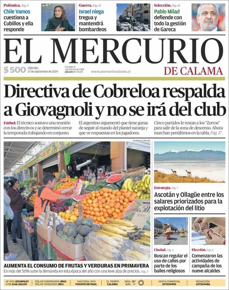 Portada de El Mercurio - Calama (Chile)