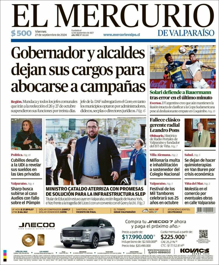 Portada de Mercurio de Valparaiso (Chile)