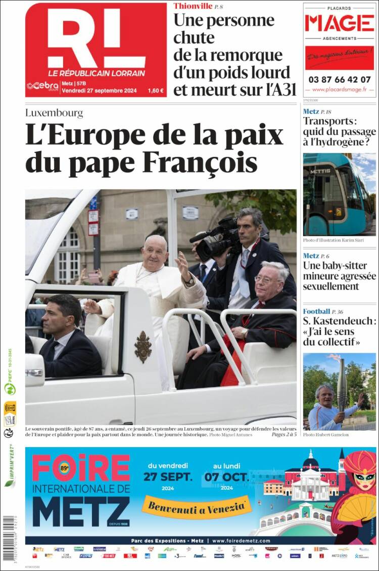 Portada de Le Republicain Lorrain (Francia)