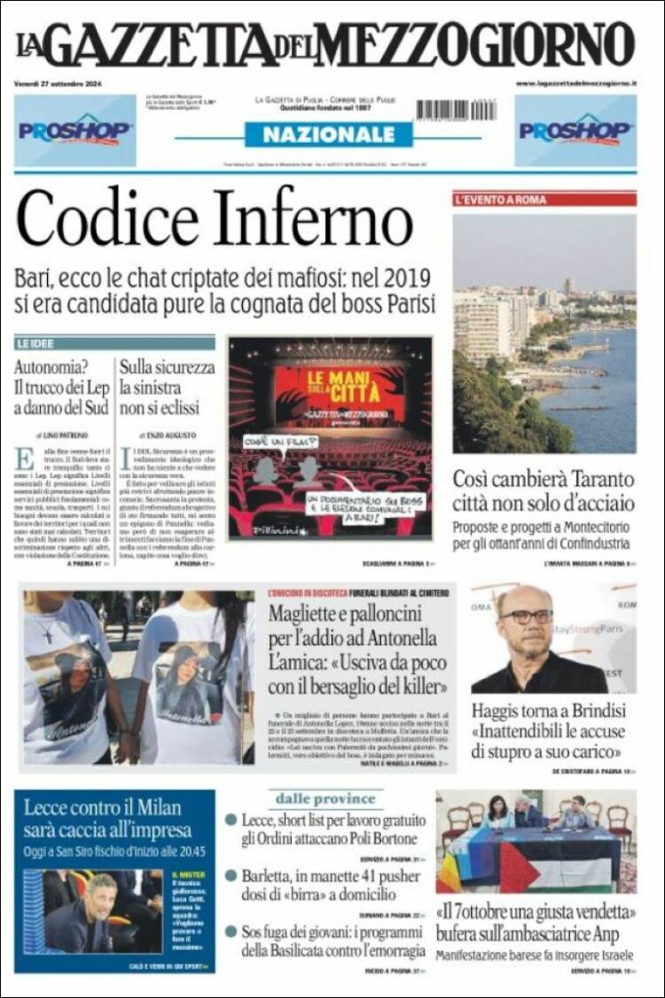 Portada de La Gazzetta del Mezzogiorno (Italia)