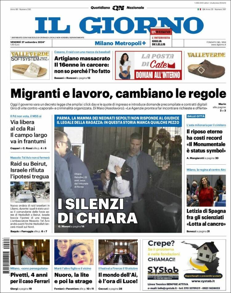 Portada de Il Giorno (Italia)