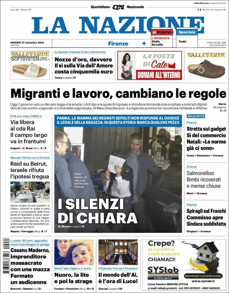 Portada de La Nazione (Italia)
