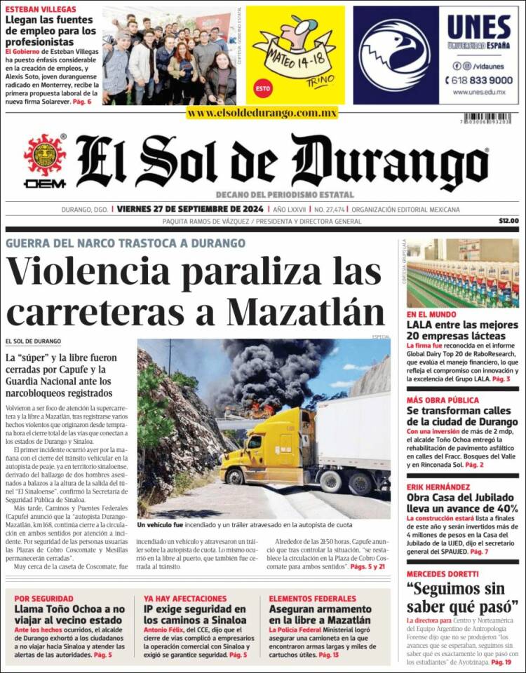 Portada de El Sol de Durango (México)