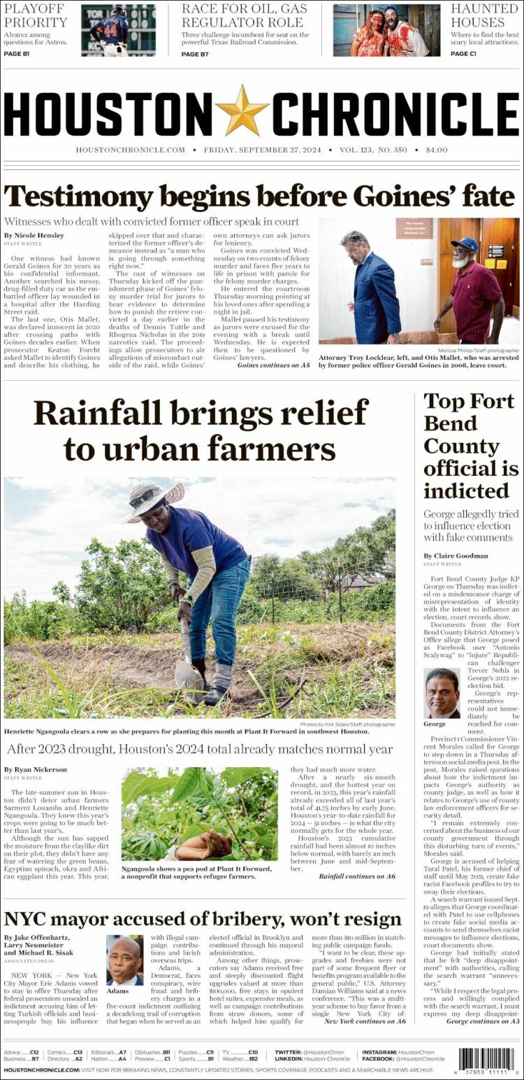 Portada de Houston Chronicle (USA)