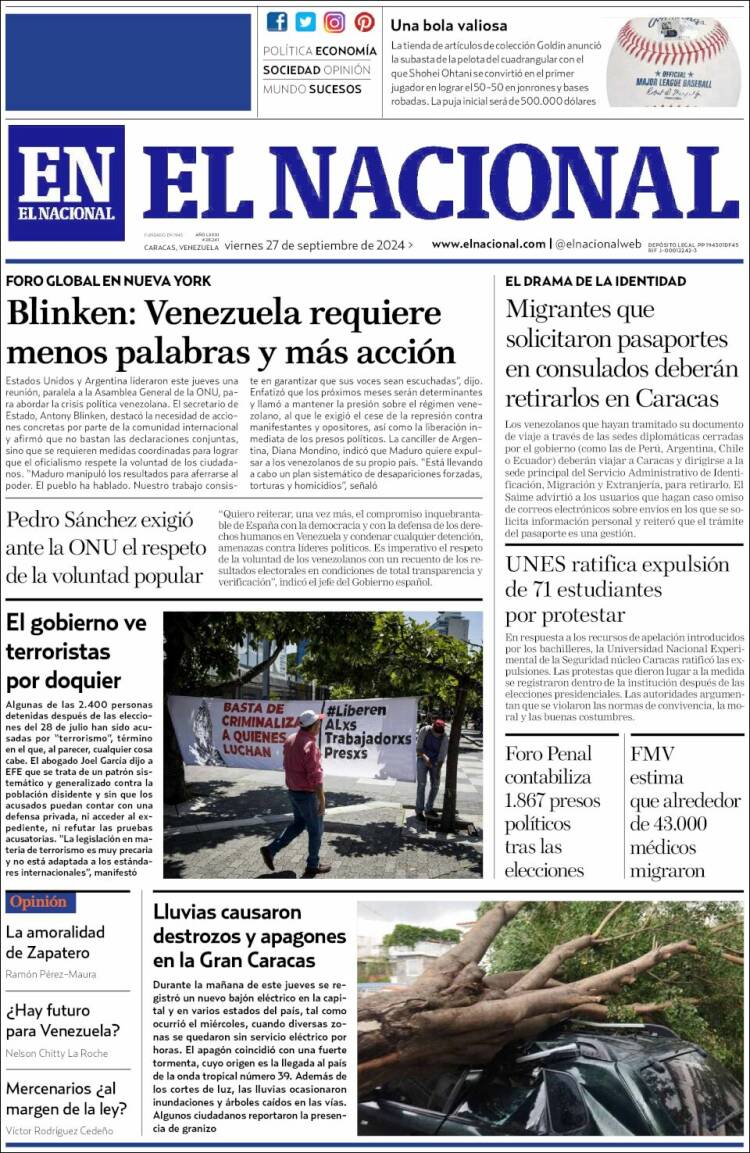 Portada de El Nacional (Venezuela)