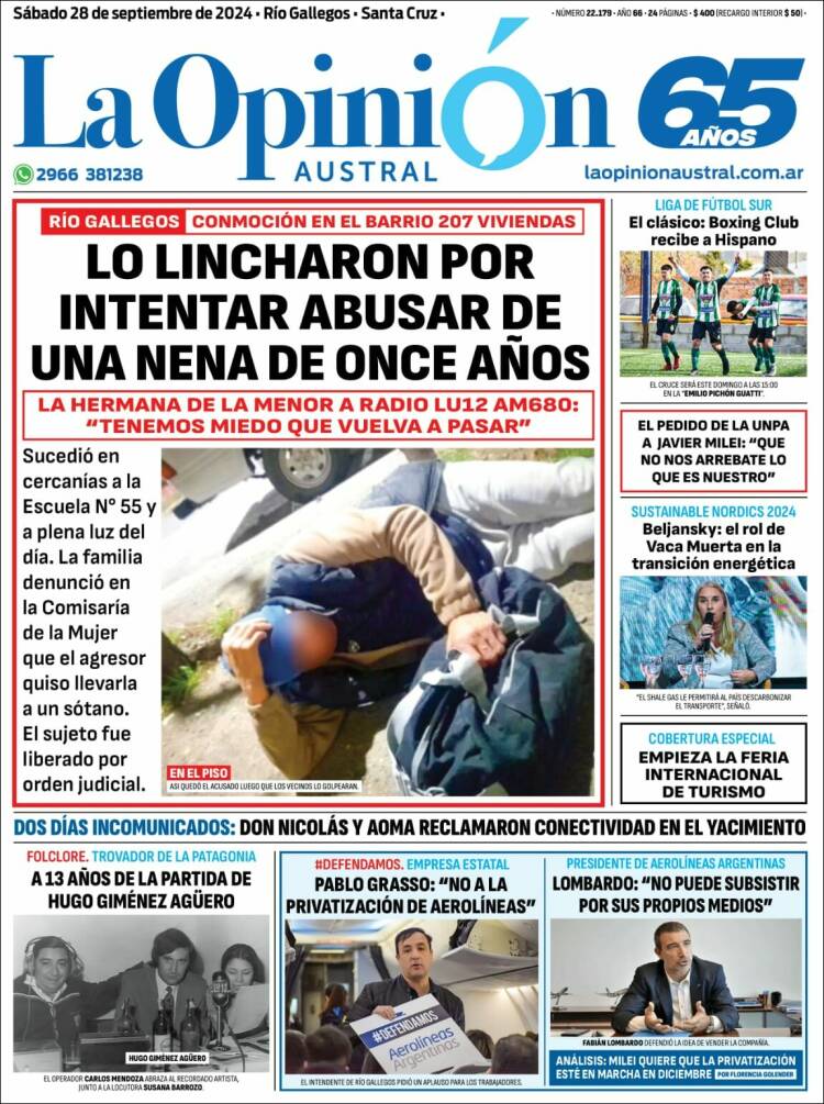 Portada de La Opinión Austral (Argentina)
