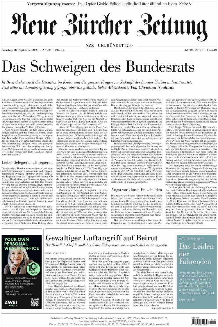 Portada de Neue Zürcher Zeitung (Suiza)