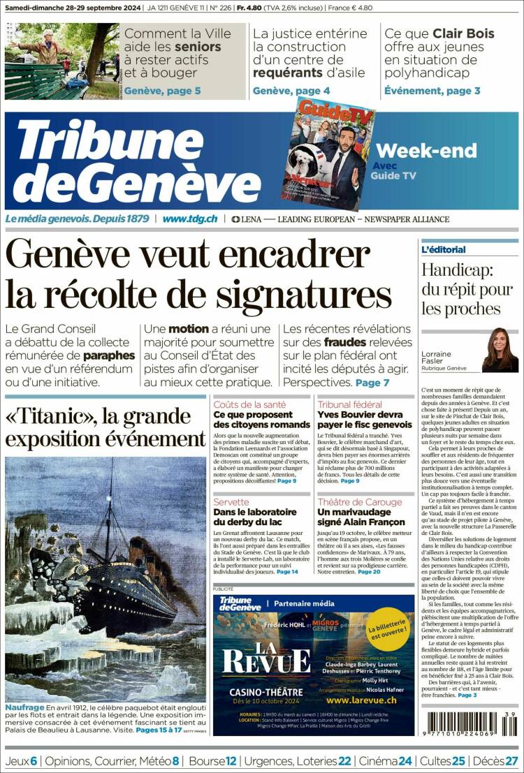 Portada de La Tribune de Genève (Suiza)
