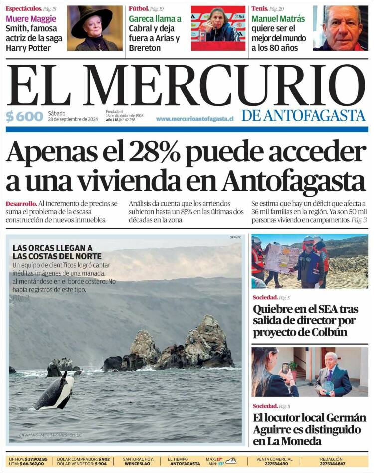 Portada de El Mercurio de Antofagasta (Chile)