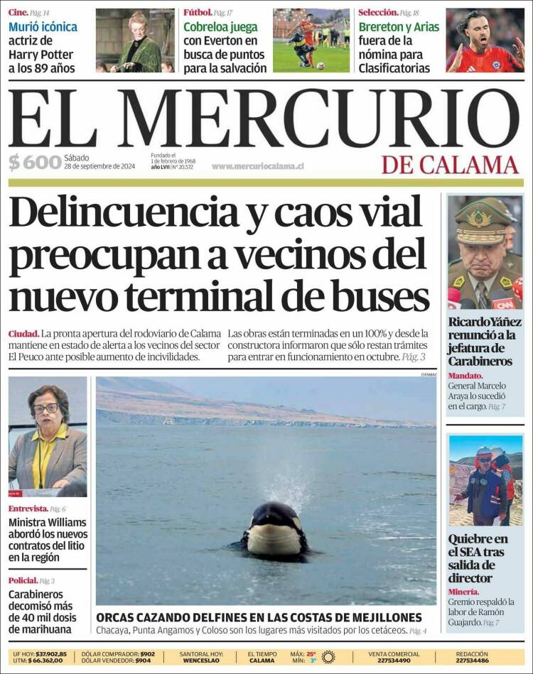 Portada de El Mercurio - Calama (Chile)