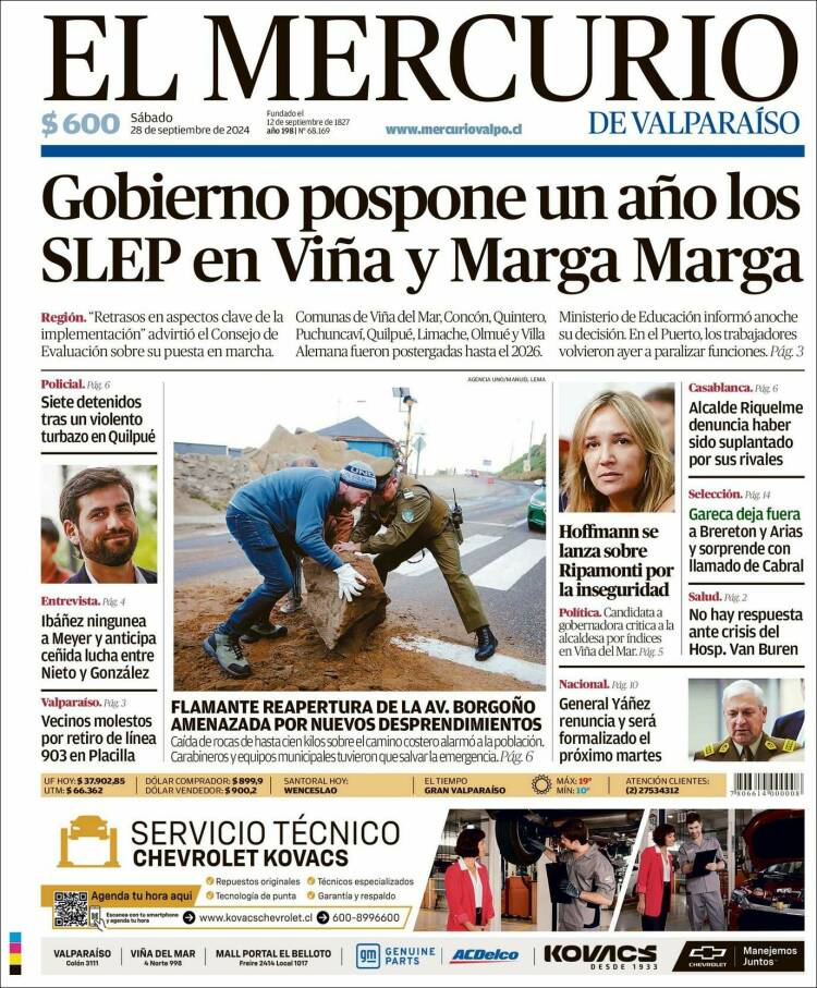 Portada de Mercurio de Valparaiso (Chile)