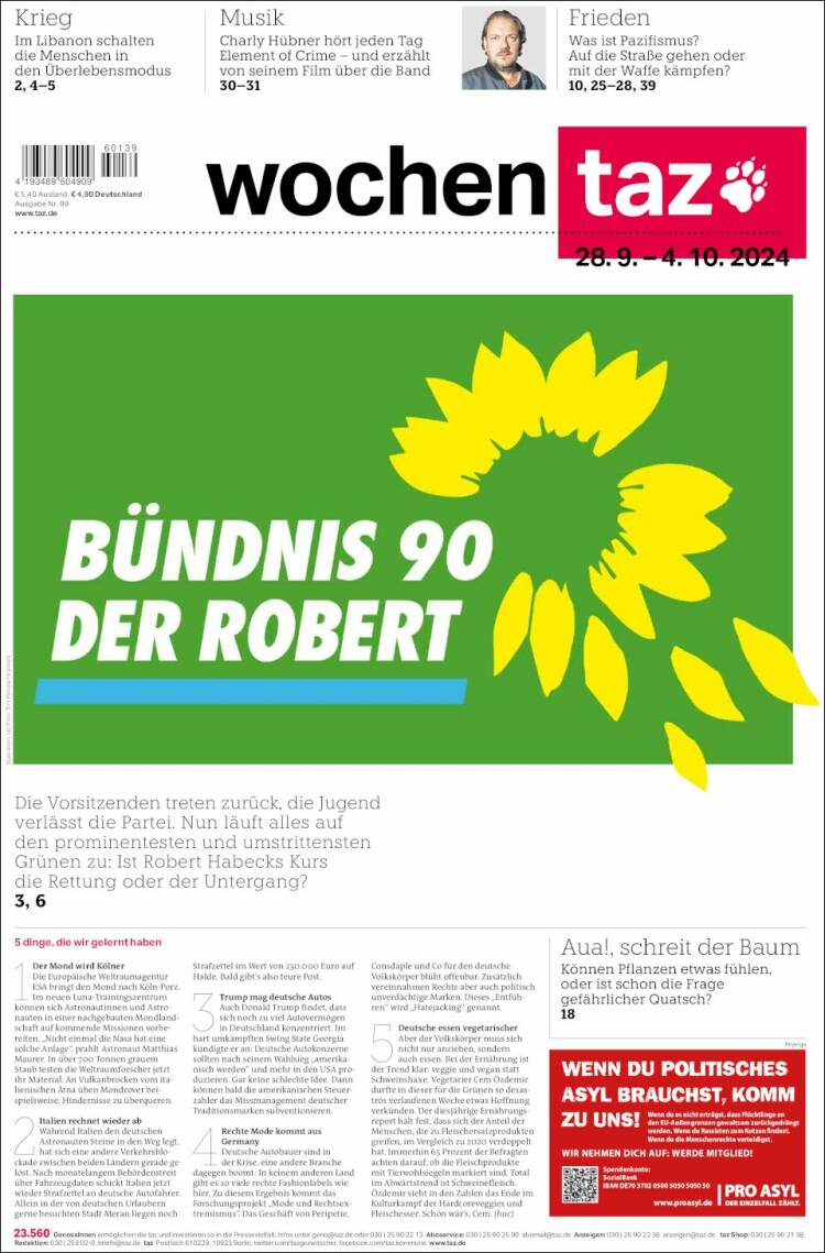 Portada de Die Tageszeitung (Alemania)