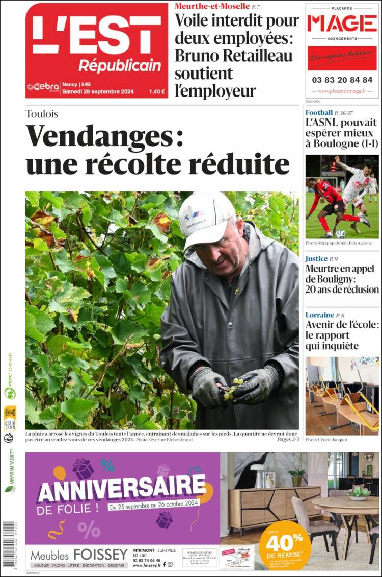 Portada de L'Est Republicain (Francia)