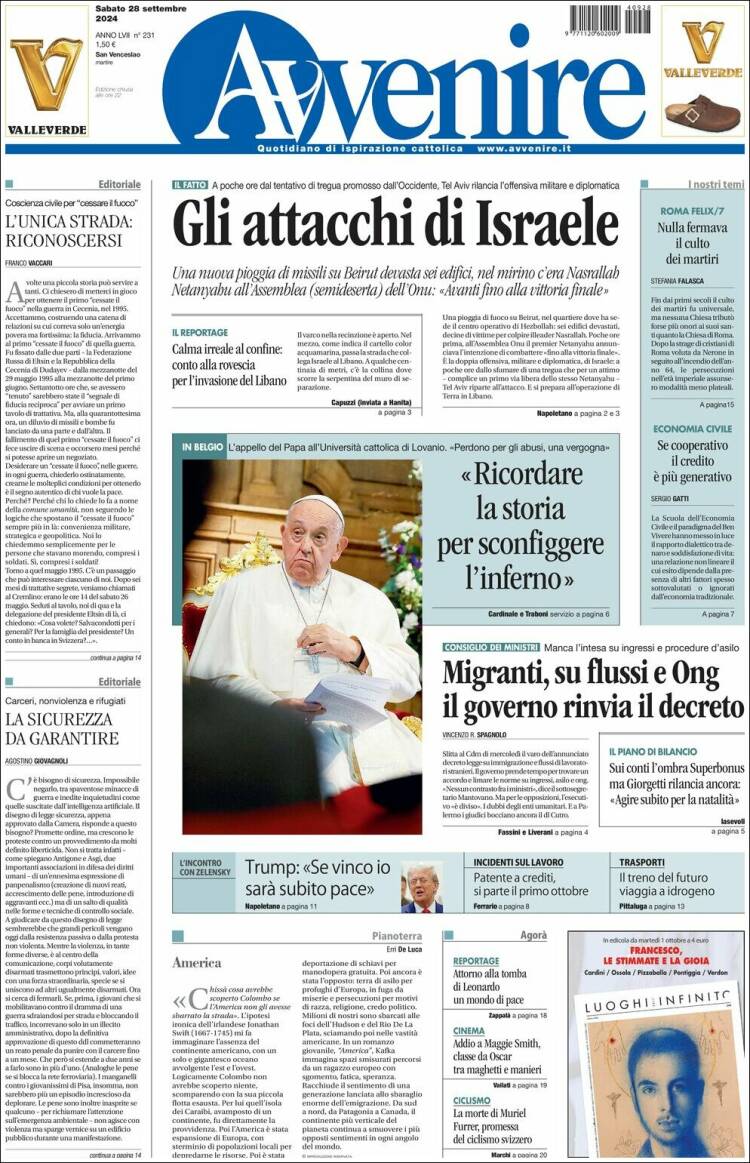 Portada de Avvenire (Italia)