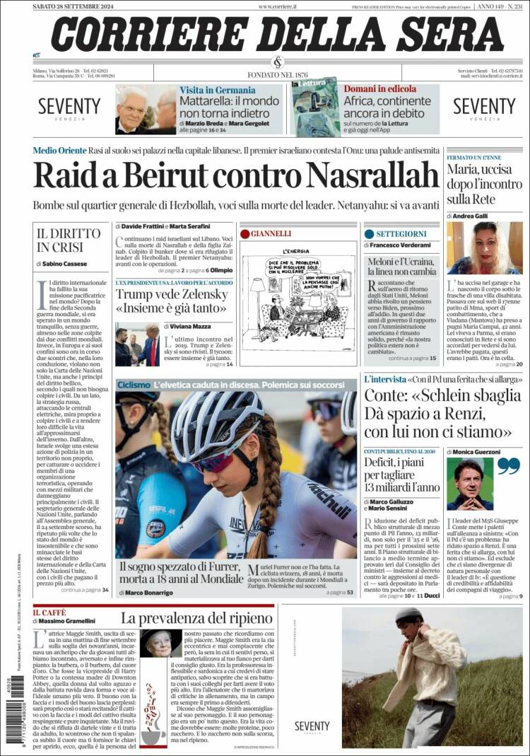 Portada de Corriere della Sera (Italia)