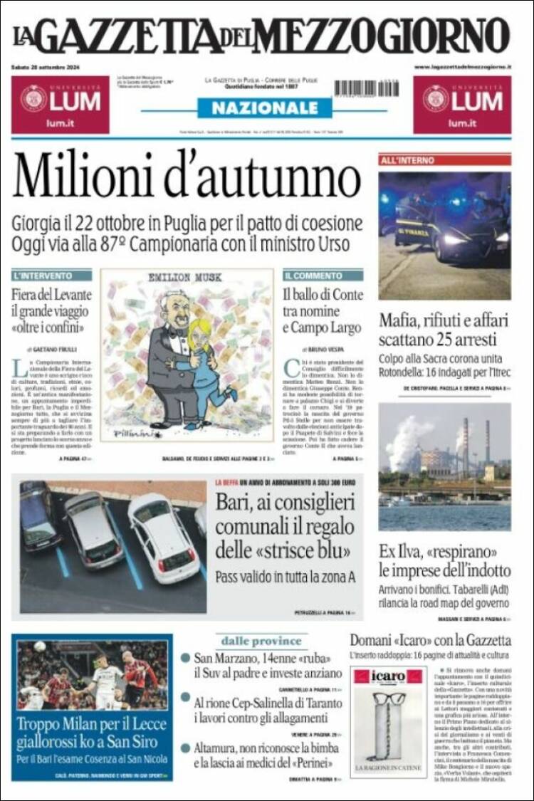 Portada de La Gazzetta del Mezzogiorno (Italia)