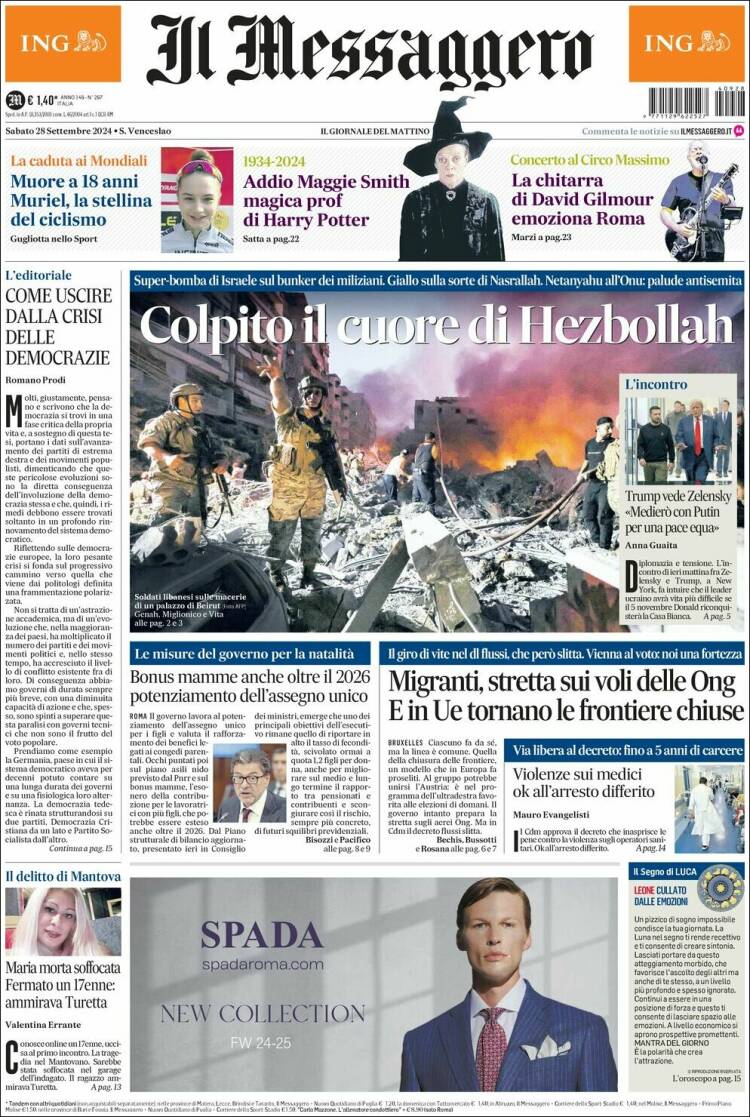 Portada de Il Messaggero (Italia)