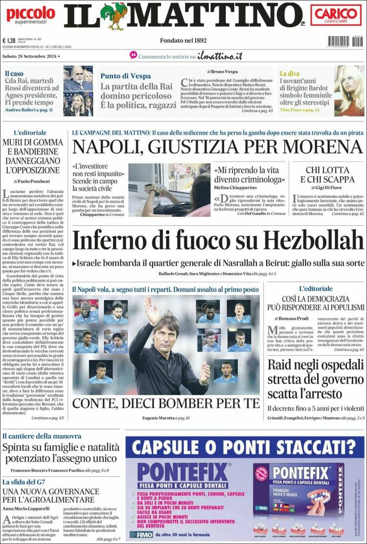 Portada de Il Mattino (Italia)