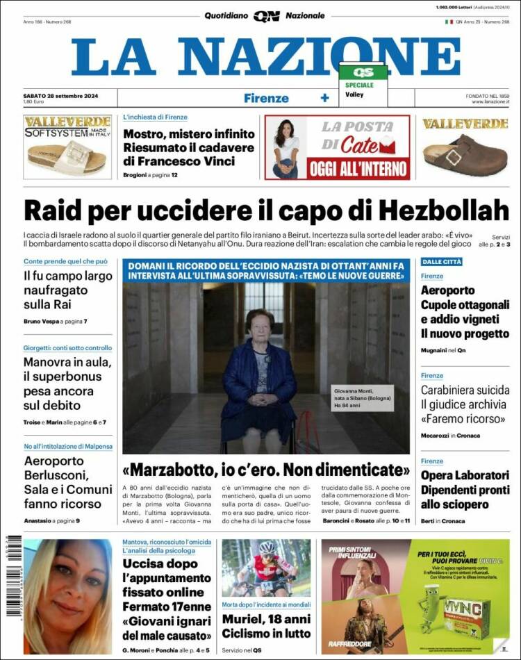 Portada de La Nazione (Italia)