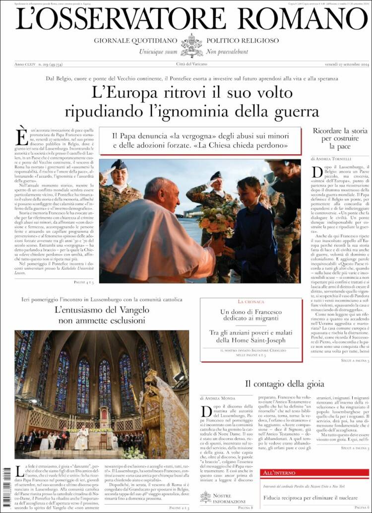 Portada de L'Osservatore Romano (Italia)