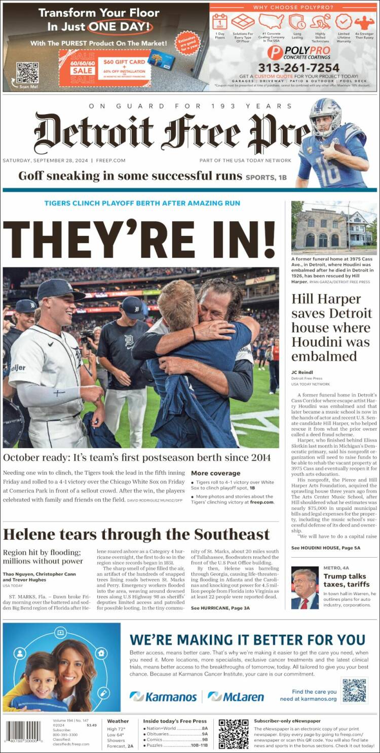 Portada de Detroit Free Press (USA)