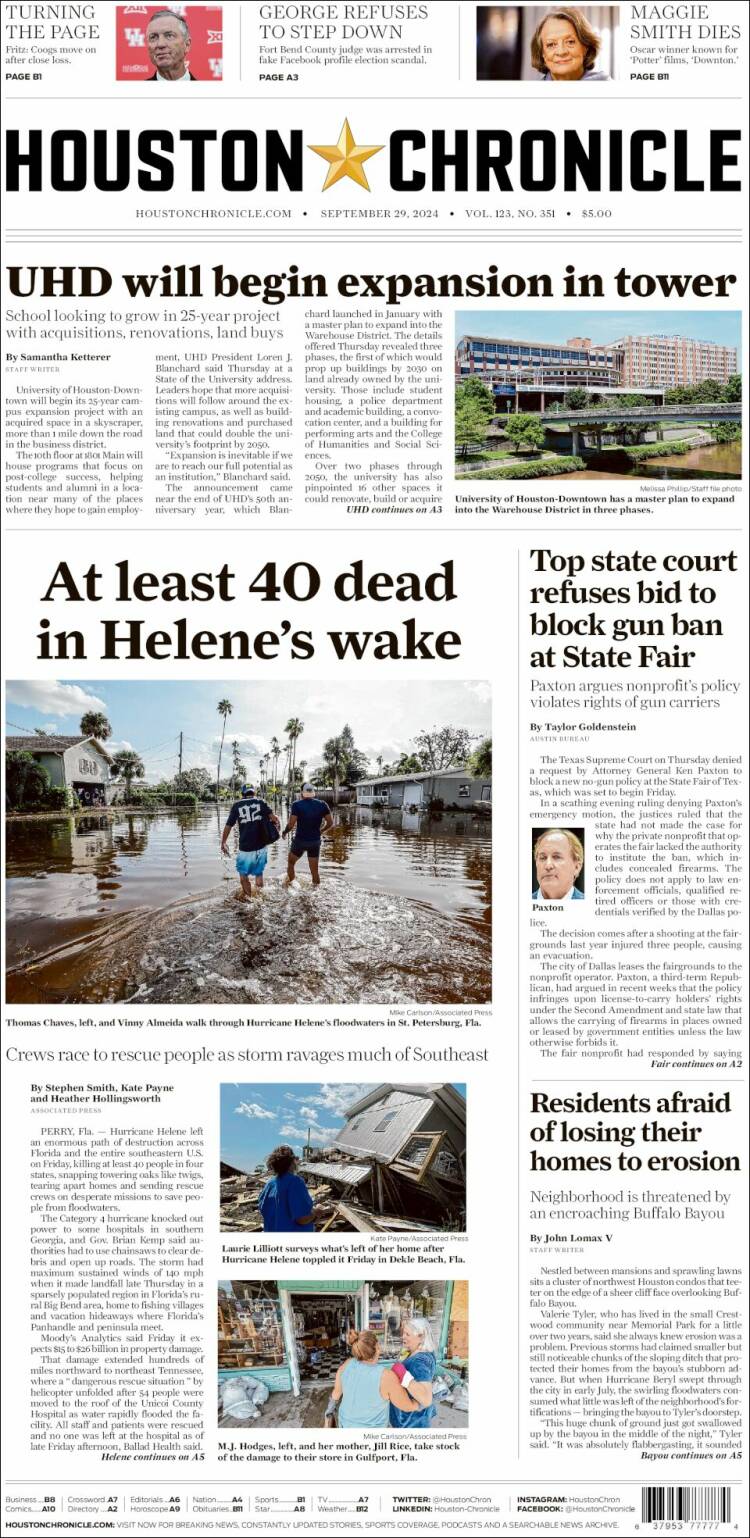 Portada de Houston Chronicle (USA)