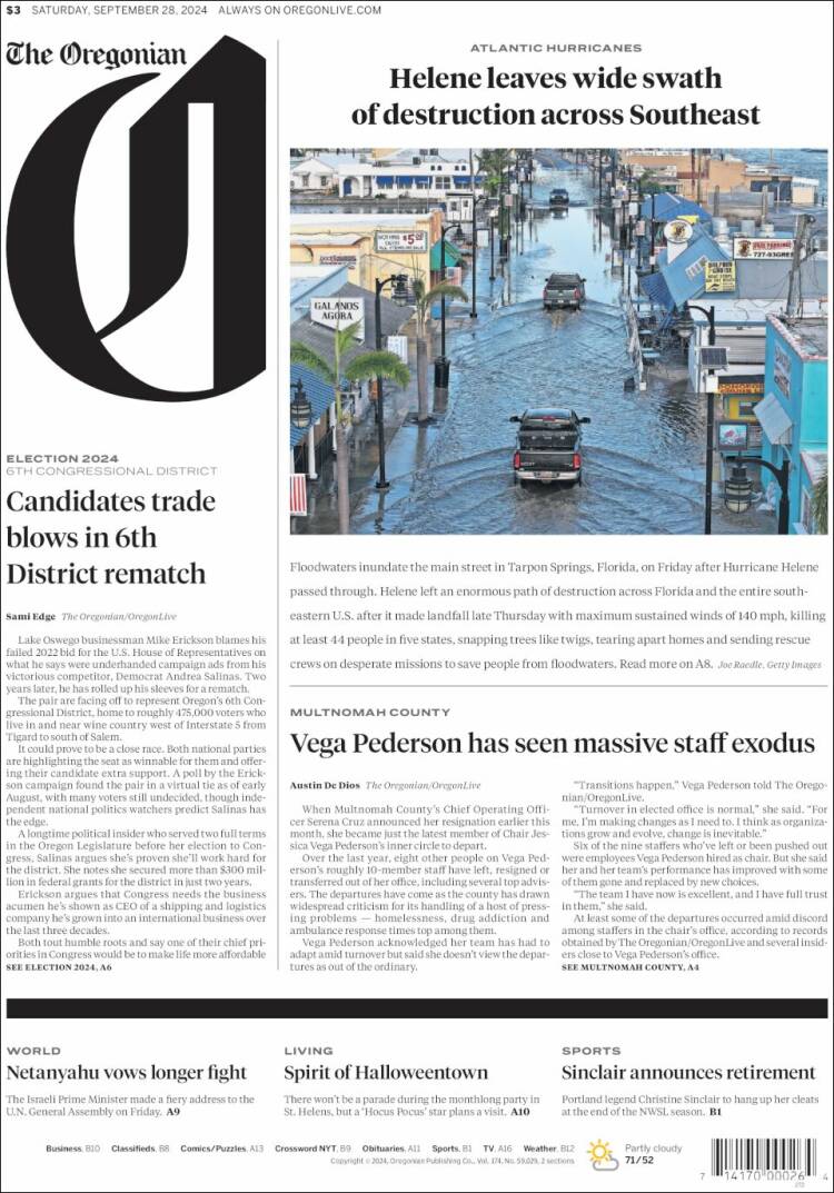 Portada de The Oregonian (USA)