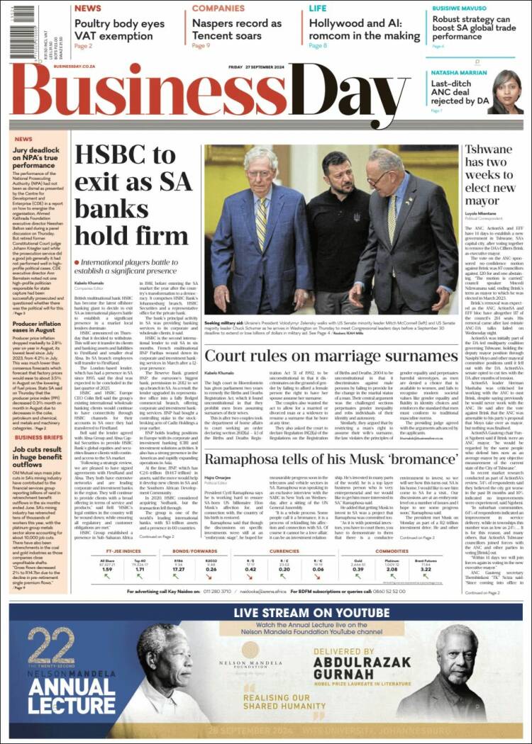 Portada de Business Day (Sud&aacute;frica)