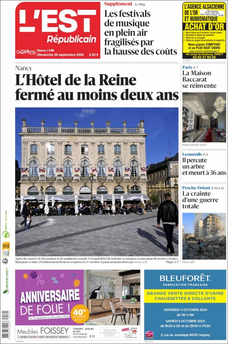 Portada de L'Est Republicain (Francia)