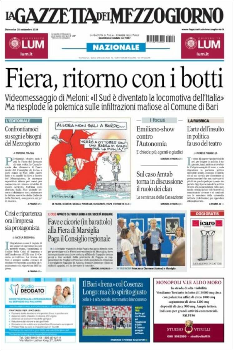 Portada de La Gazzetta del Mezzogiorno (Italia)