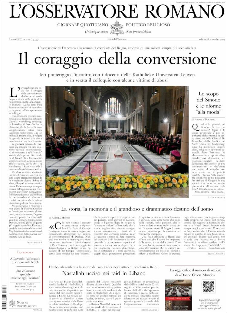 Portada de L'Osservatore Romano (Italia)