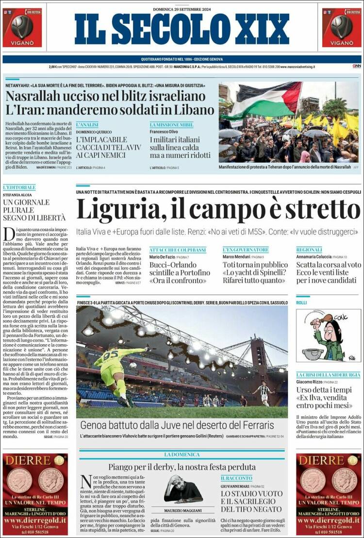 Portada de Il Secolo XIX (Italia)