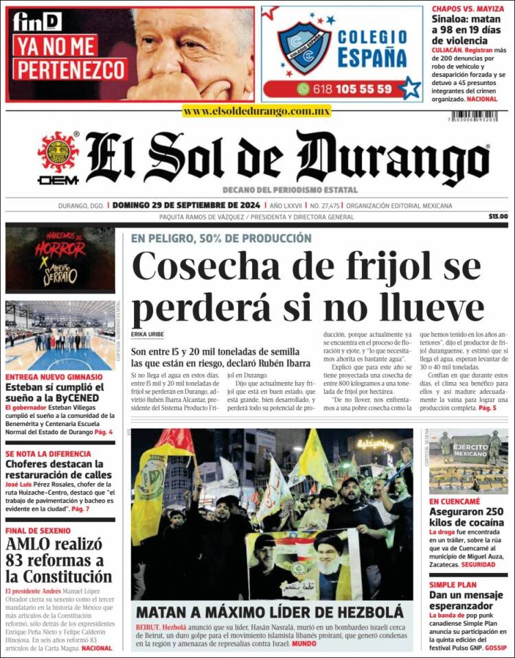 Portada de El Sol de Durango (México)