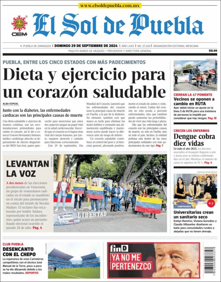 Portada de El Sol de Puebla (México)