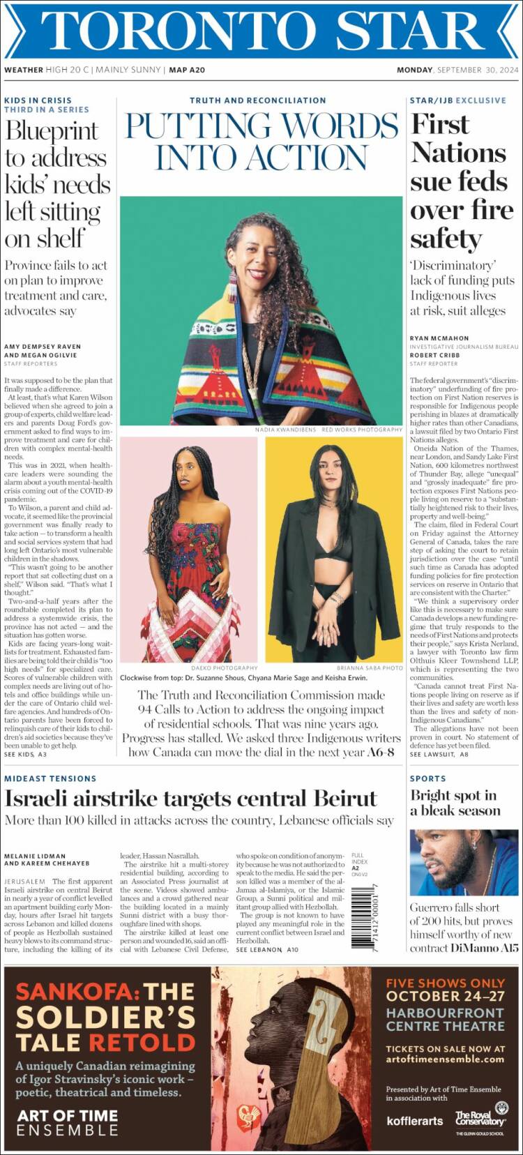 Portada de The Toronto Star (Canadá)