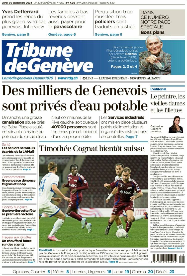Portada de La Tribune de Genève (Suiza)