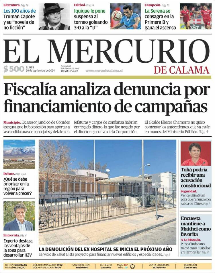 Portada de El Mercurio - Calama (Chile)