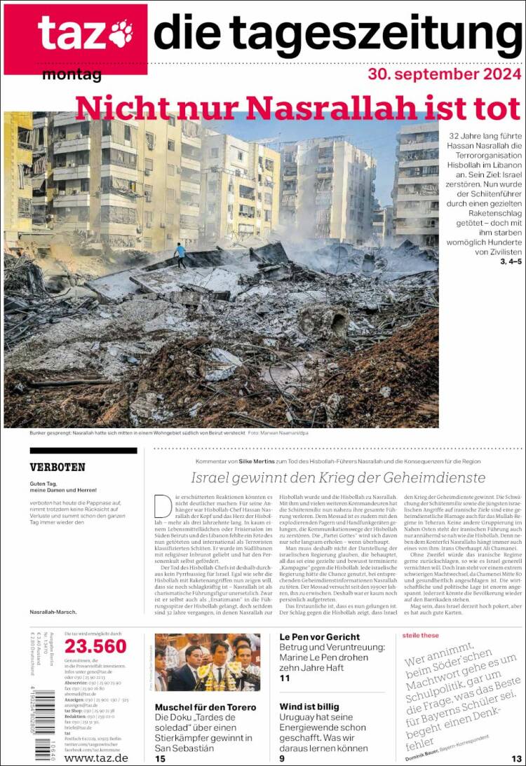 Portada de Die Tageszeitung (Alemania)