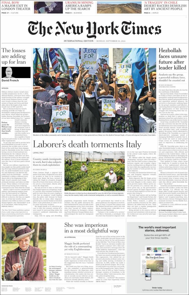 Portada de International New York Times (Europa)