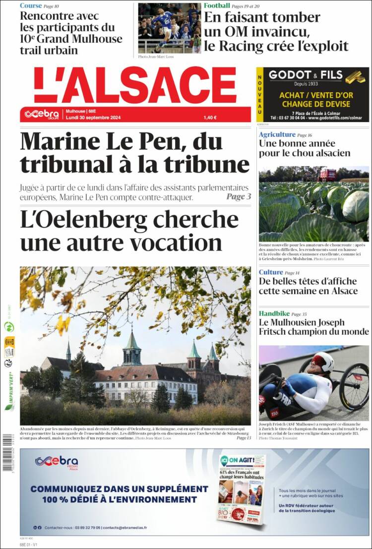 Portada de Journal L'Alsace (Francia)