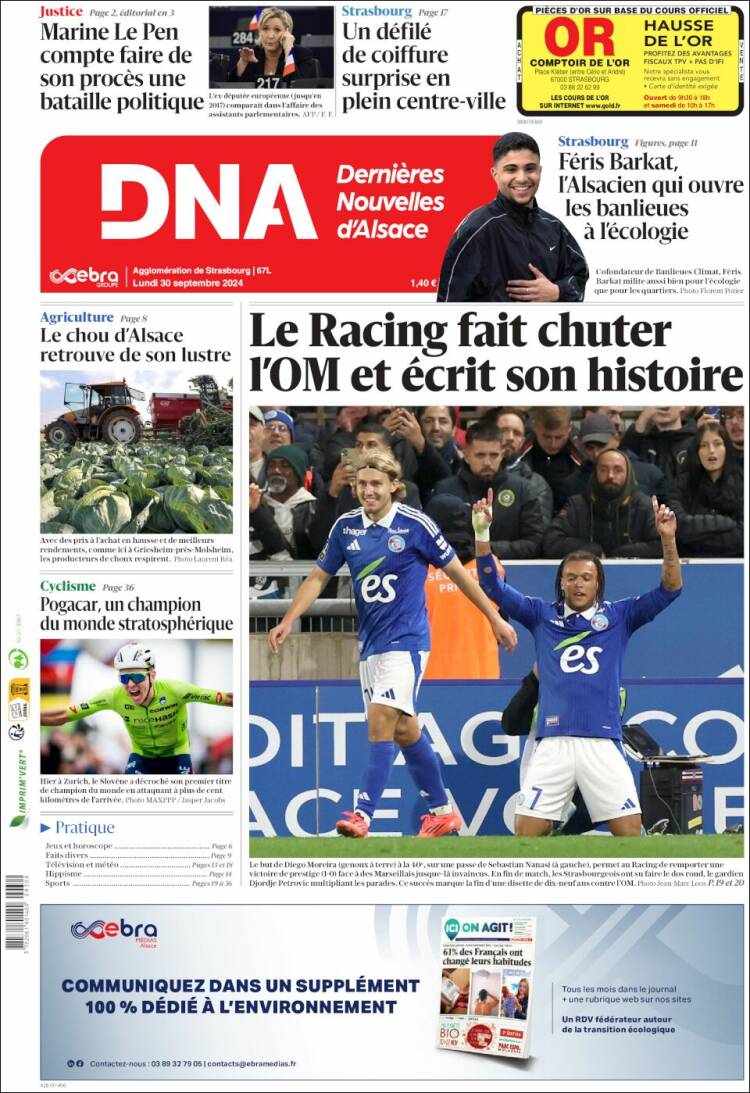 Portada de Les Dernières Nouvelles d'Alsace (Francia)