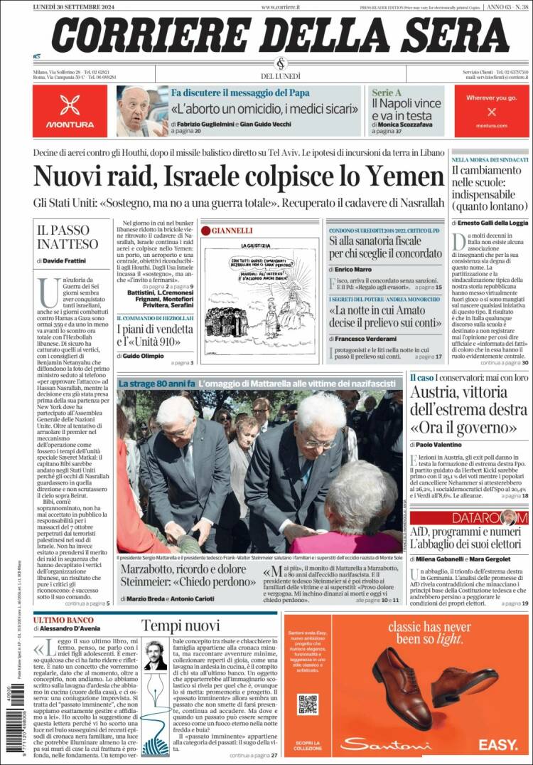Portada de Corriere della Sera (Italia)