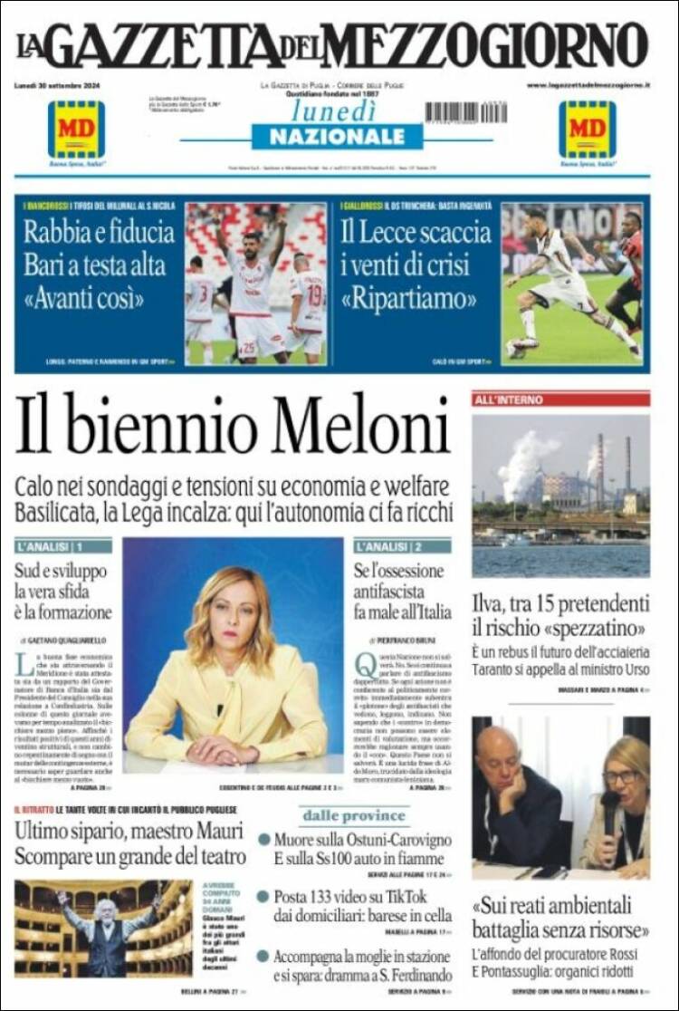 Portada de La Gazzetta del Mezzogiorno (Italia)