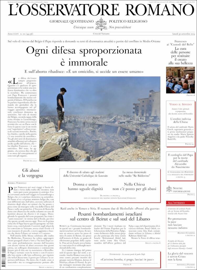 Portada de L'Osservatore Romano (Italia)