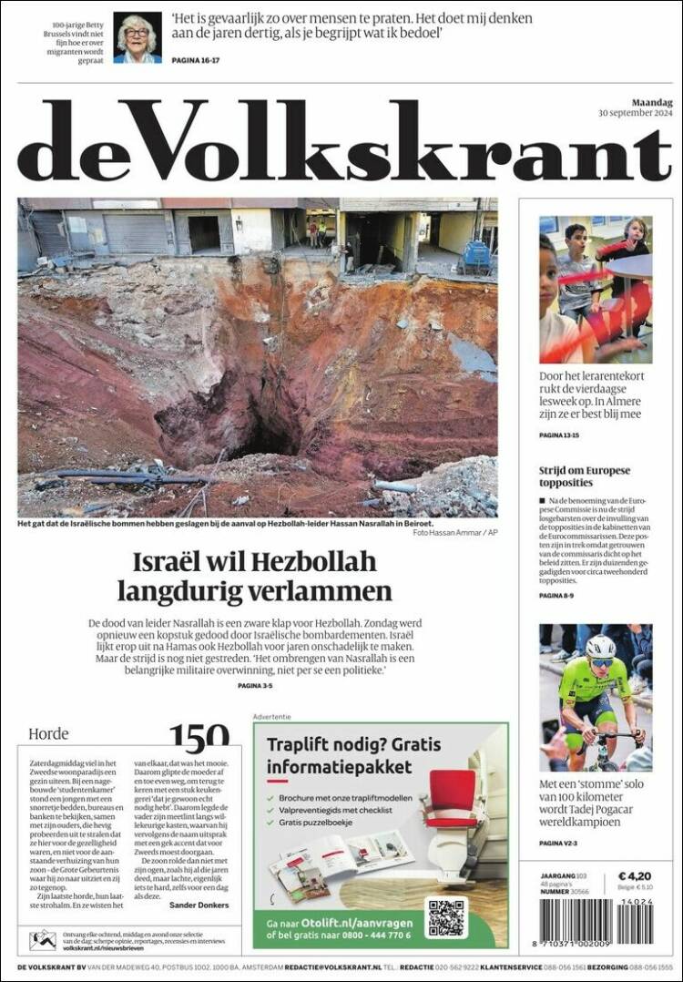 Portada de De Volkskrant (Pa&iacute;ses Bajos)
