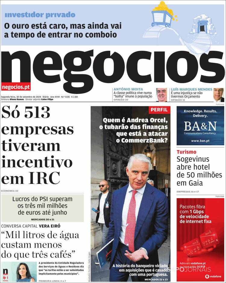 Portada de Jornal de Negócios (Portugal)