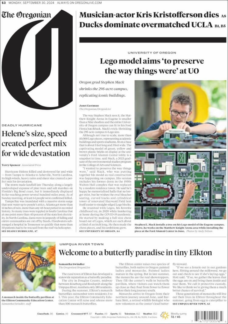 Portada de The Oregonian (USA)