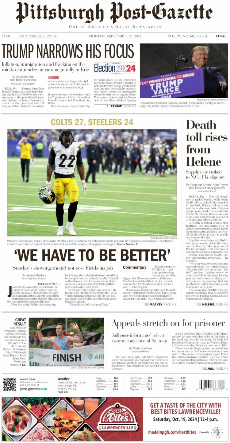 Portada de Pittsburgh Post-Gazette (USA)